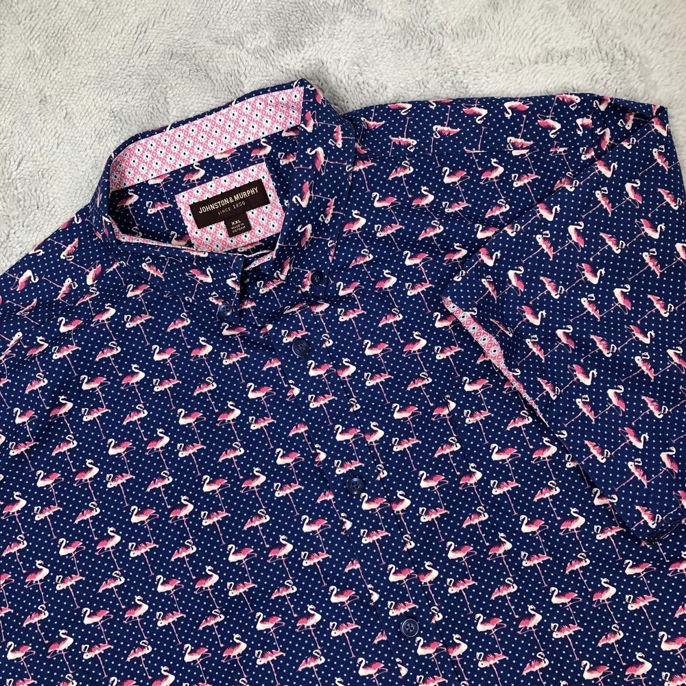 Johnston & Murphy Shirt Men's XXL Blue Pink Flamingo AOP S/S Button Down